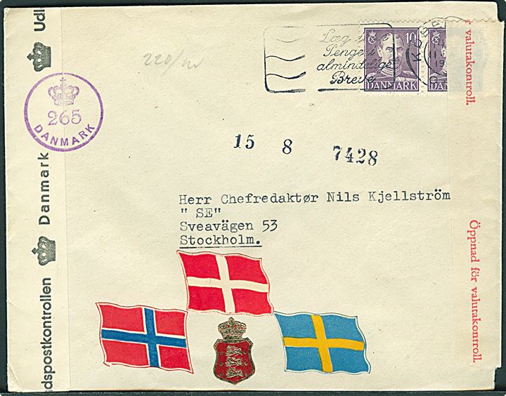 10 øre Chr. X i parstykke på brev fra København d. 11.8.1945 til Stockholm, Sverige. Åbnet af dansk efterkrigscensur (krone)/265/Danmark og svensk valutakontrol.