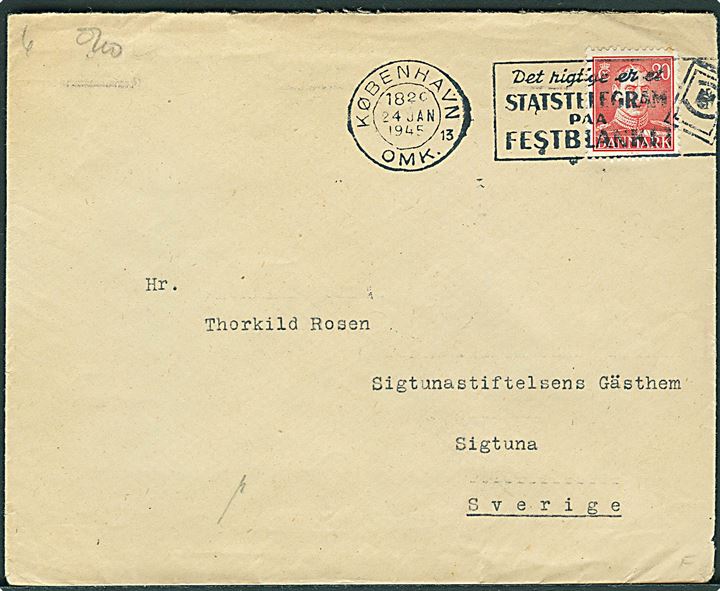 20 øre Chr. X på brev fra København d. 24.1.1945 til Sigtuna, Sverige. Åbnet af Sønderborg-censuren med neutral brun banderole (30 mm) stemplet Zensurstelle k.