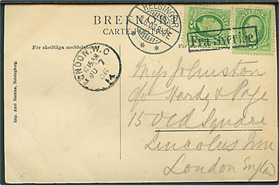 5 öre Oscar II i parstykke på brevkort fra Hälsingborg annulleret med skibsstempel Fra Sverige og sidestemplet Helsingør d. 4.6.1906 til London, England.