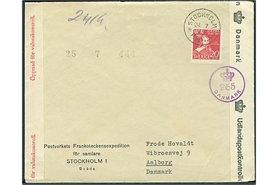 20 öre Svenska Flottan på brev fra Stockholm d. 24.7.1945 til Aalborg, Danmark. Åbnet af dansk efterkrigscensur (krone)/265/Danmark og svensk valutakontrol.