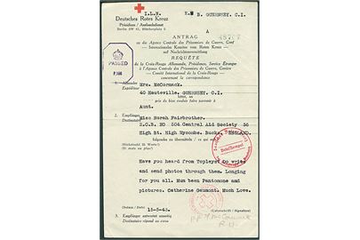 Deutsches Rotes Kreuz formular med meddelelse fra Guernsey d. 15.5.1943 til England. Flere stempler.
