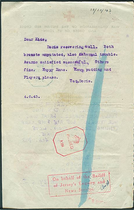 British Red Cross formular brev dateret d. 26.2.1943 til Jersey, Channel Islands. På bagsiden svar dateret Jersey d. 4.6.1943. Flere røde kors og censurstempler.