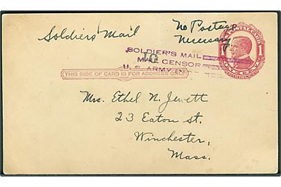 1 cent helsagsbrevkort stemplet Soldier's mail Mail Censor U.S.Army til Winchester, USA. Meddelelse fra soldat ved 320th Machine Gun Battalion American Expeditionary Forces