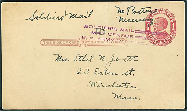 1 cent helsagsbrevkort stemplet Soldier's mail Mail Censor U.S.Army til Winchester, USA. Meddelelse fra soldat ved 320th Machine Gun Battalion American Expeditionary Forces