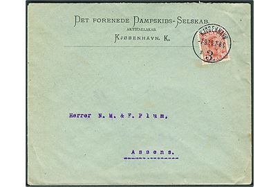 10 øre Chr. X med perfin på firmakuvert fra Det Forenede Dampskibs-Selskab i Kjøbenhavn d. 7.9.1916 til Assens.