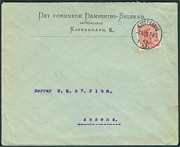 10 øre Chr. X med perfin på firmakuvert fra Det Forenede Dampskibs-Selskab i Kjøbenhavn d. 7.9.1916 til Assens.