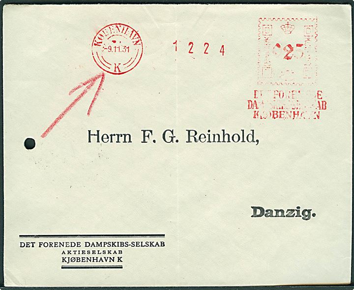 25 øre firmafranko på brev fra DFDS i København d. 9.11.1931 til Danzig. Fejlsendt til Tallinn, Estland. Arkivhul.