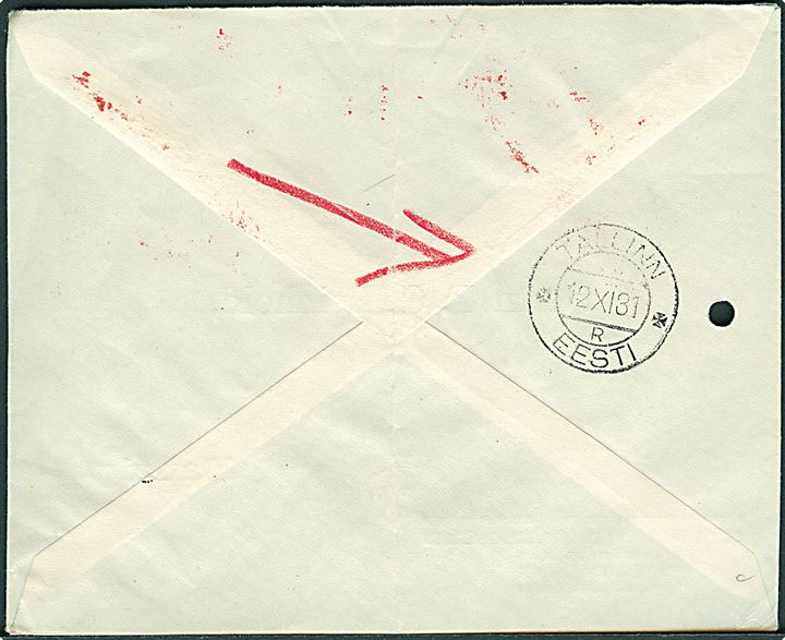 25 øre firmafranko på brev fra DFDS i København d. 9.11.1931 til Danzig. Fejlsendt til Tallinn, Estland. Arkivhul.