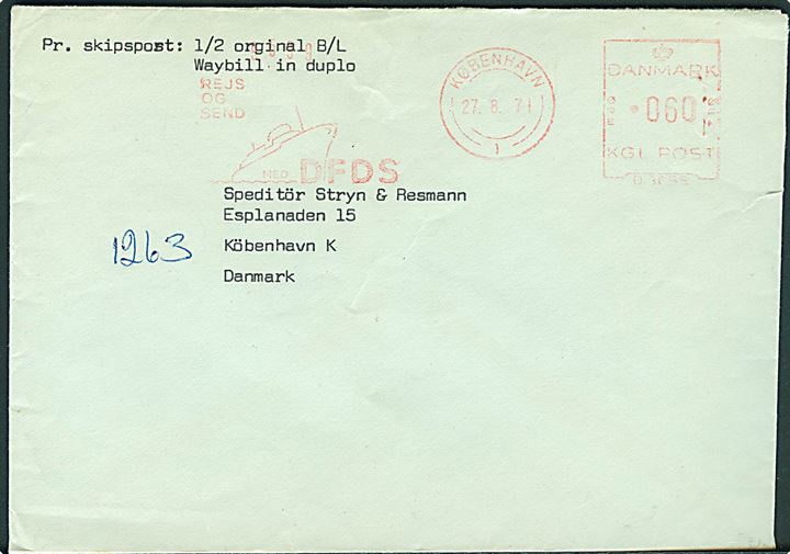 60 øre firmafranko fra DFDS i København d. 27.8.1971 på skibsbrev til København.