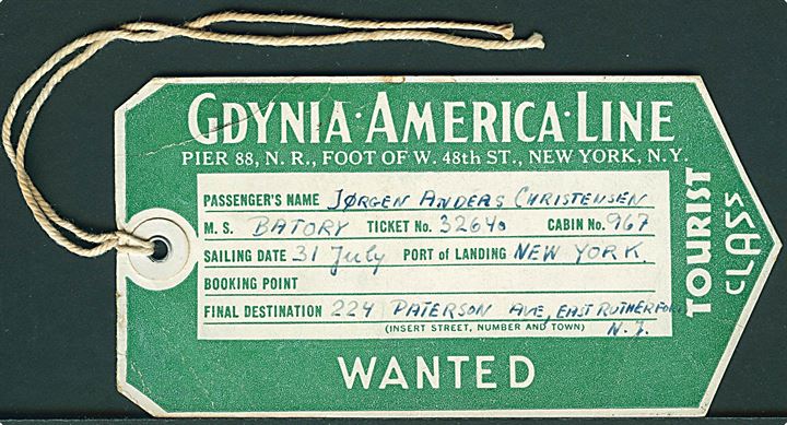 Gdynia - America - Line. Bagagemærke fra passager ombord på M/S Baltory.