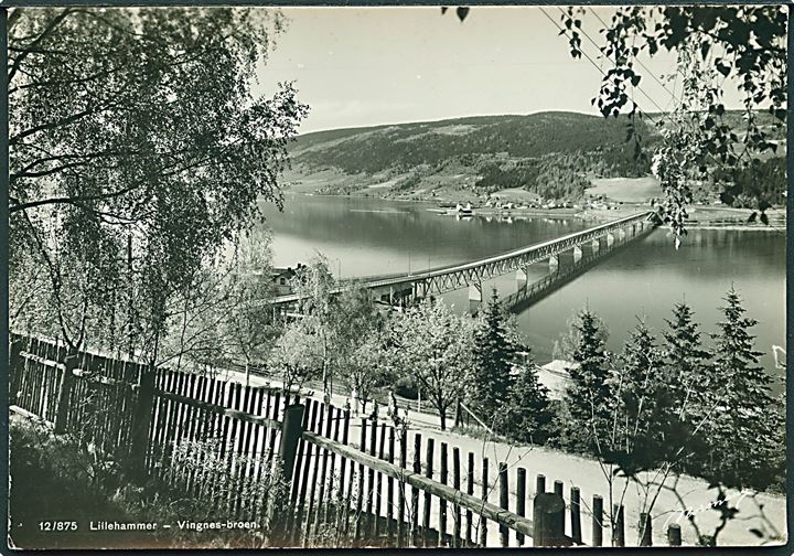 20 öre Gustaf på norsk brevkort (Lillehammer - Vingnes-broen) annulleret med bureaustempel PKP 303 *D* (Storlien-Östersund) til Kolding, Danmark.
