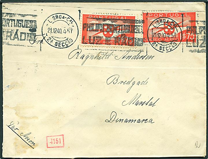1$75 Luftpost (2) på luftpostbrev fra Lisboa d. 21.12.1940 til Marstal, Danmark. Fra sømand ombord på S/S Nancy. Åbnet af tysk censur i München.