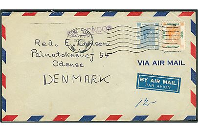30 c. og $1 George VI på luftpostbrev fra Hong Kong d. 27.2.1952 til Odense, Danmark. Liniestempel: Via London. Fra sømand ombord på M/S Trein Mærsk.