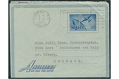10 c. helsags aerogram fra Halifax d. 9.6.1960 til Røde Kors Folkekuranstalt ved Hald pr. Viborg, Danmark. Fra sømand ombord på M/S Rosita.