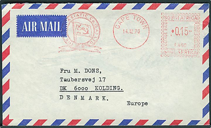 15 c. Firmafranko fra Østasiatisk Kompagni på luftpostbrev fra Cape Town d. 14.12.1970 til Kolding, Danmark.