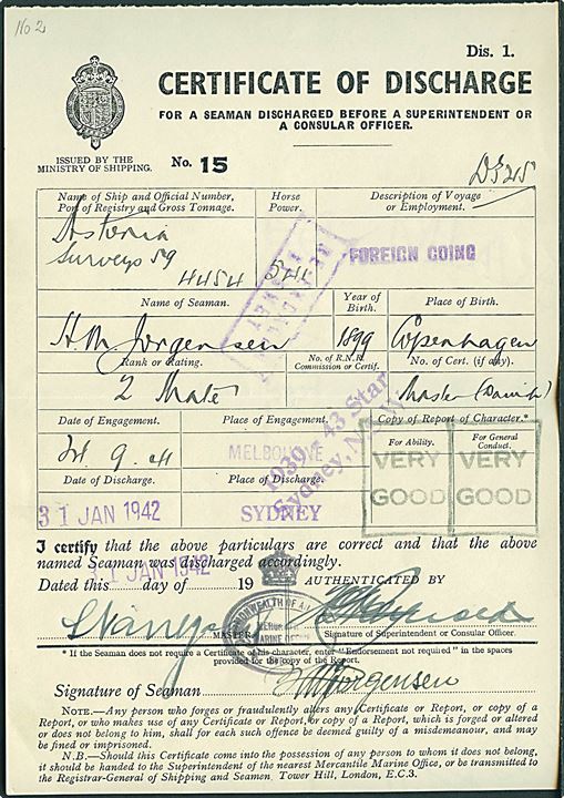 Afmønstringspapirer for dansk sømand som forlader skibet Astroria i Sydney, Australien d. 31.1.1942.
