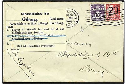 10 øre violet bølgelinie og 20/15 øre rød karavel på søndagsbrev fra København d. 1.9.1940 til Odense. Postal vignet angående forsent afsendelse.