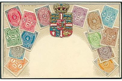 Prægekort med danske frimærker. D. R. G. M. no. 2. 