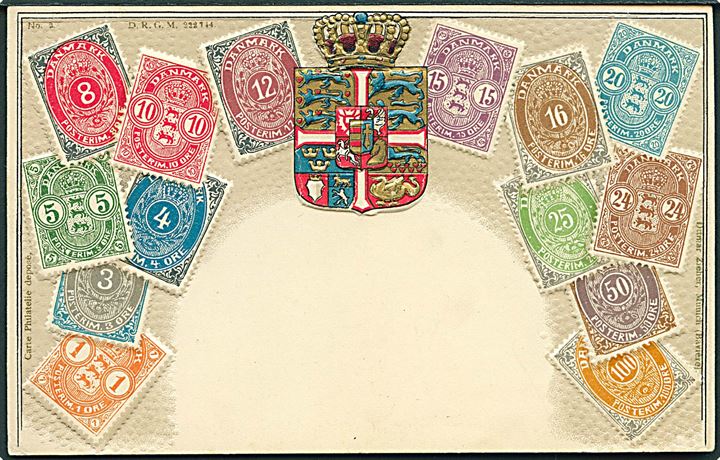 Prægekort med danske frimærker. D. R. G. M. no. 2. 