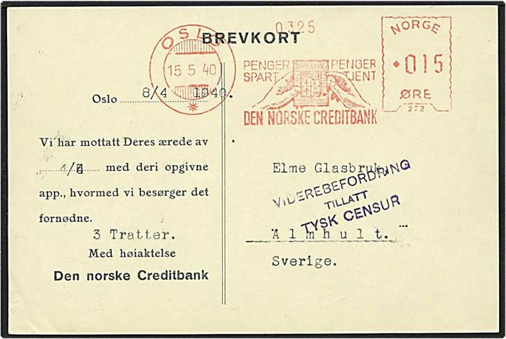 Franco stemplet reklamekort fra Oslo, Norge, d. 15.5.1940 til Älmhult, Sverige. Norsk censurstemple Viderebefordering tillatt Tysk Censur.
