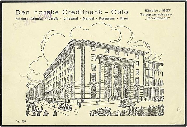 Franco stemplet reklamekort fra Oslo, Norge, d. 15.5.1940 til Älmhult, Sverige. Norsk censurstemple Viderebefordering tillatt Tysk Censur.