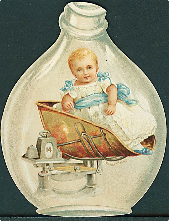 Janny Bower: Baby paa vægt i en flaske. 9 x 12 cm. U/no. 