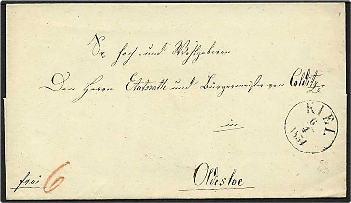 Ufrankeret brev fra Kiel, Schleswig, d. 6.4.1854 til Olderloe. Påskrevet 6 med rødkridt.