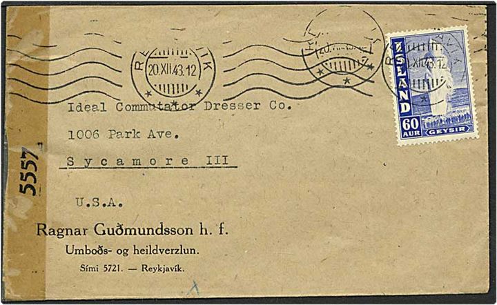 60 aur Geysir på brev fra Reykjavik d. 20.12.1943 til Sycamore, USA. Amerikansk censur no. 5557.