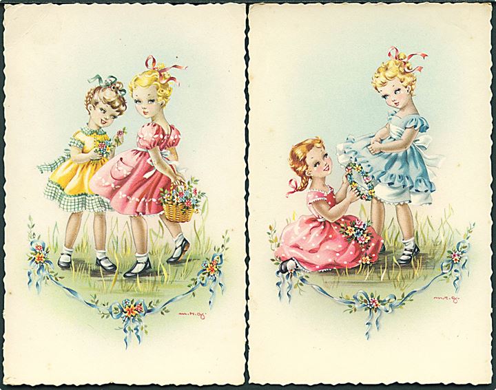 2 kort med piger i fint tøj, omgivet af blomster. I. Chr. Olsens Kunstforlag no. 43. 