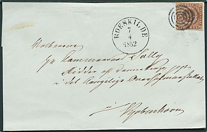 4 R.B.S. Ferslew med fuld rand på brev annulleret med stumt stempel og sidestemplet antiqua Roeskilde d. 7.4.1852 til Kjøbenhavn.