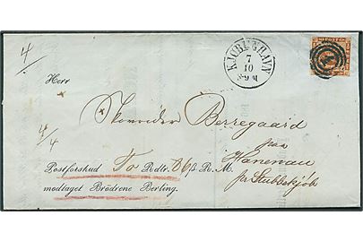 4 sk. 1858 på brev med postforskud annulleret med nr.stempel 1 og sidestemplet Kjøbenhavn d. 7.10.1862 til Skubbekjøbing.