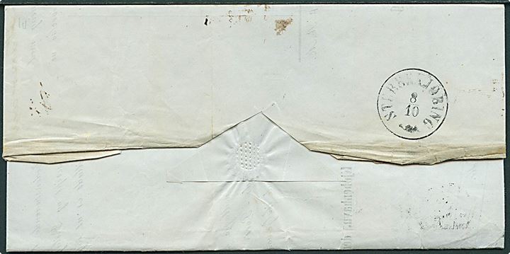 4 sk. 1858 på brev med postforskud annulleret med nr.stempel 1 og sidestemplet Kjøbenhavn d. 7.10.1862 til Skubbekjøbing.
