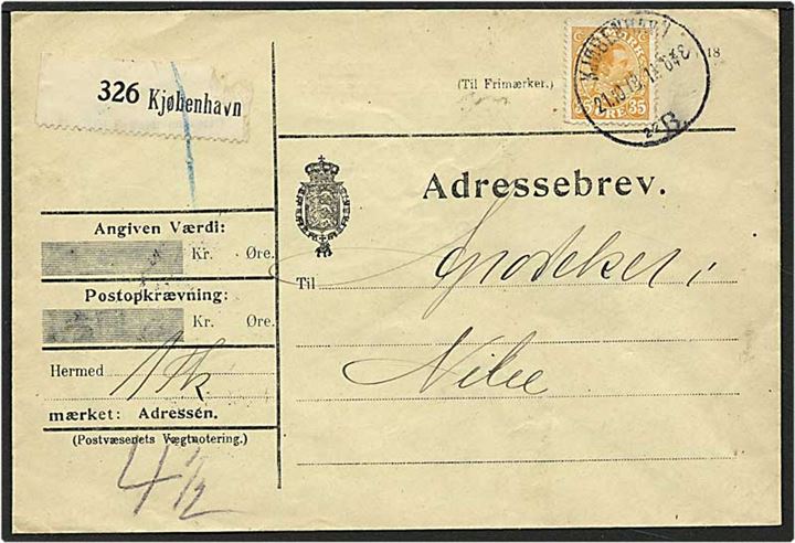 35 øre gul Chr. X singelfrankatur på adressebrev fra København d. 21.10.1918 til Nibe. Mærket med perfin A12 - Alfred Benzon.