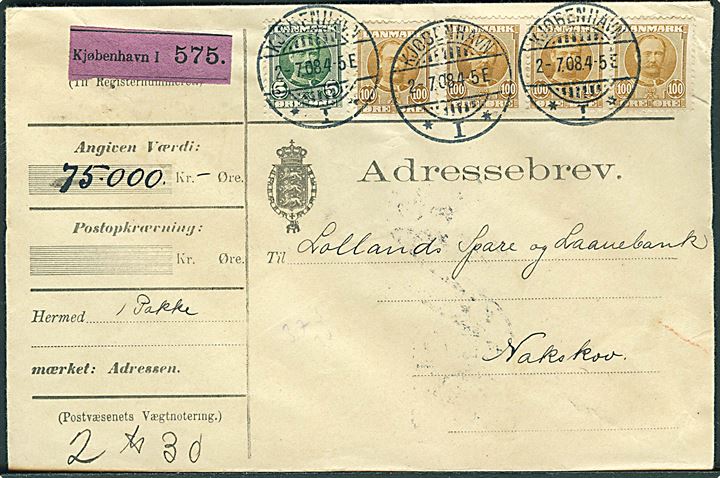 5 øre og 100 øre (4) på 405 øre frankeret adressebrev for værdipakke fra Kjøbenhavn d. 2.7.1908 til Nakskov.