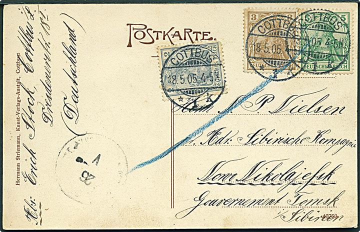 2 pfg., 3 pfg. og 5 pfg. Germania på brevkort fra Cottbus d. 18.5.1905 til Novo Nikolajevsk, Tomsk, Sibirien. 