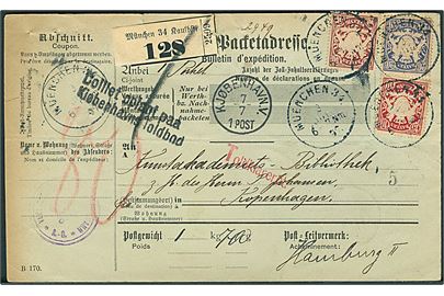 Bayern.10 pfg., 20 pfg. og 50 pfg. Våben på internationalt adressekort for pakke fra München d. 3.7.1897 til Kjøbenhavn, Danmark. Vandret fold.