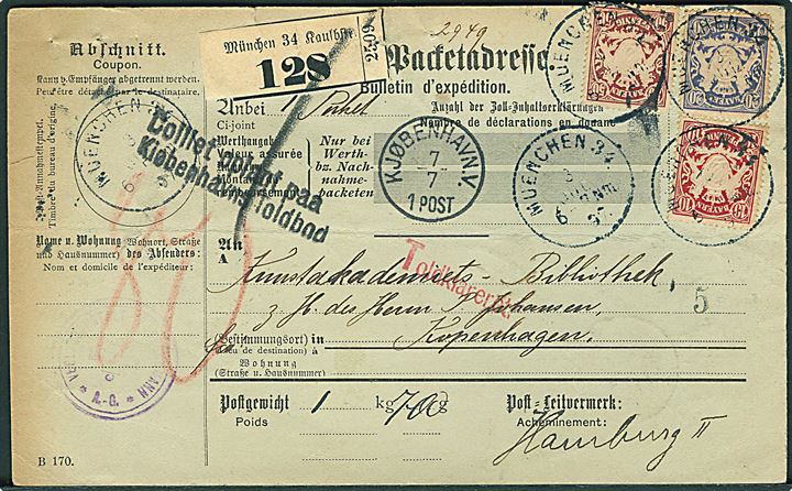 Bayern.10 pfg., 20 pfg. og 50 pfg. Våben på internationalt adressekort for pakke fra München d. 3.7.1897 til Kjøbenhavn, Danmark. Vandret fold.