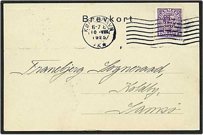 15 øre violet Chr. X på brevkort fra København d. 10.8.1925 til Koldby. Mærket med perfin I02 - Invalideforsikringsfonden.