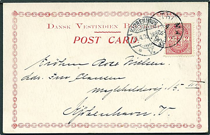 2 cents Våben på brevkort (Palm Avenue, St. Croix) fra St. Thomas d. 4.4.1905 til Kjøbenhavn, Danmark. Ank.stemplet Kjøbenhavn d. 21.4.1905.