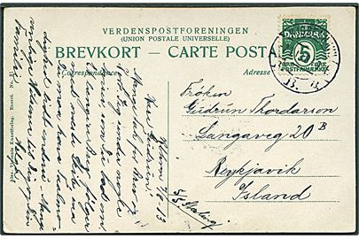 5 øre Bølgelinie på brevkort fra Kjøbenhavn d. 7.8.1913 til Reykjavik, Island. Påskrevet S/S Sterling.