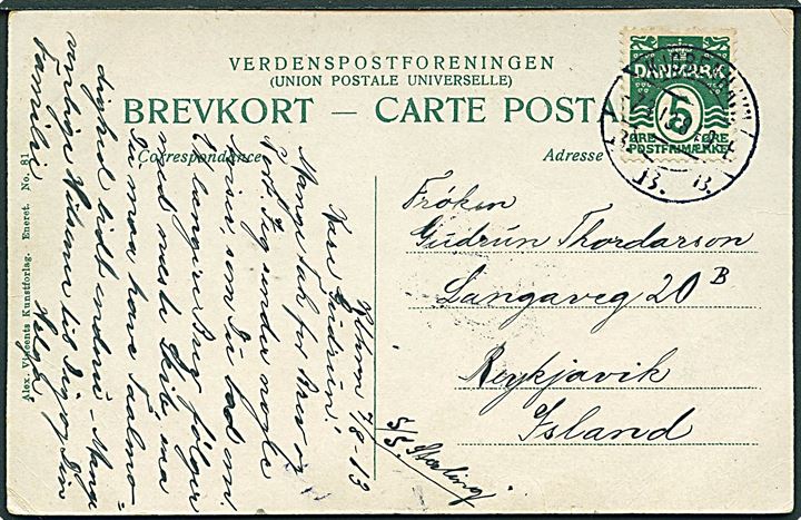 5 øre Bølgelinie på brevkort fra Kjøbenhavn d. 7.8.1913 til Reykjavik, Island. Påskrevet S/S Sterling.