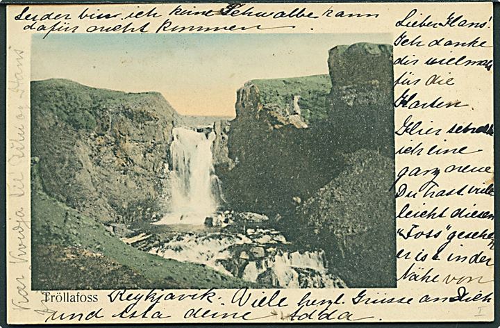 10 aur Chr. IX på brevkort (Tröllafoss) fra Reykjavik d. 30.4.1905 til Lilienfeld, Østrig. 