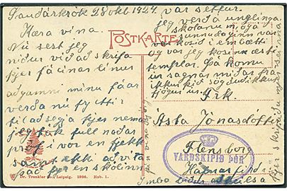 Ufrankeret brevkort dateret på Island d. 28.10.1924 til Flensborg, Tyskland. Ovalt gummistempel: (krone)/ Vardskipid Thor.