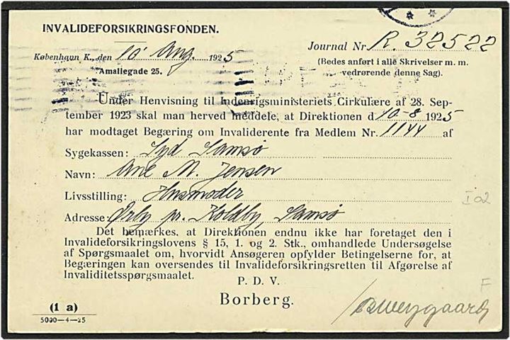 15 øre violet Chr. X på brevkort fra København d. 10.8.1925 til Koldby. Mærket med perfin I02 - Invalideforsikringsfonden.