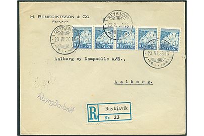 10 aur Dynjandi (5) på anbefalet brev fra Reykjavik d. 23.6.1936 til Aalborg, Danmark.