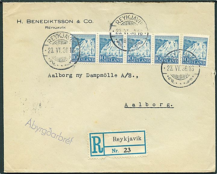 10 aur Dynjandi (5) på anbefalet brev fra Reykjavik d. 23.6.1936 til Aalborg, Danmark.