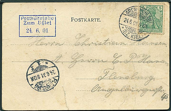 5 pfg. Reichpost Germania på brevkort (rift) stemplet Gremsmühlen *(Bz. Kiel)* d. 24.6.1901 og sidestemplet Posthülfstelle Zum Uglei d. 24.6.1901 til Flensburg. 