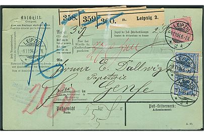 20 pfg. Adler (2) og 2 mk. Ciffer på adressekort for 3 pakker fra Leipzig d. 8.11.1894 via Basel til Geneve, Schweiz. Vandret fold.