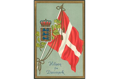 Hilsen fra Danmark med våbenskjold og flag. Stenders u/no. 