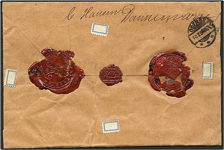 25 øre sepiabrun Fr. VIII på værdibrev fra Nakskov d. 9.7.1908 til Odense. Påstemplet Talt. 4 syltetøjsmærker med stemplet nr. 5 på bagsiden af kuverten.